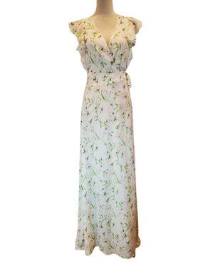 BooHoo Floral Wrap Maxi Dress Ruffle Cap Sleeve Wrap V-Neck in Cream